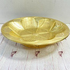 vintage brass tray with intricate engravings, ribbed crimped edge catchall